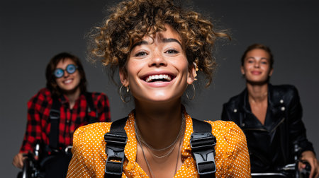 Portrait of a smiling wheelchair user with friends, confident and beautiful, empowering, artistic, inclusivity and friendshipの素材