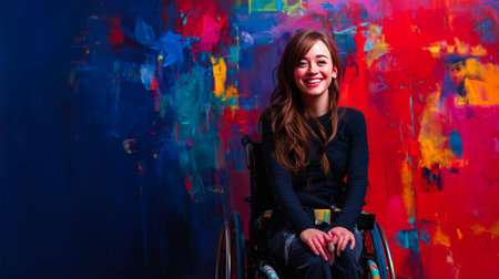 Portrait of a smiling wheelchair user, confident and beautiful, empowering.の素材