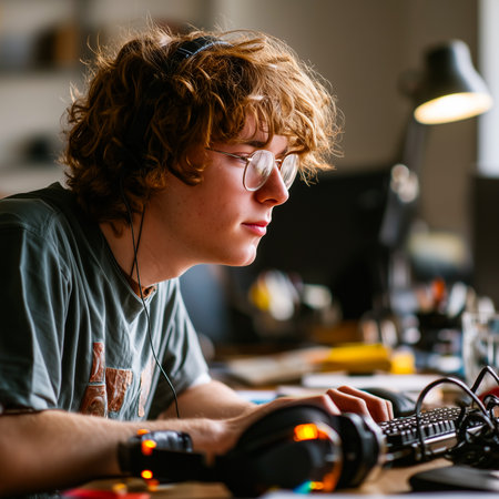 Person with autism spectrum disorder working independently in a quiet workspace, comfortable and productive, neurodiversity in the workplaceの素材