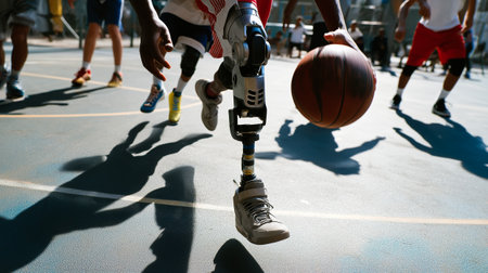 Person with a prosthetic leg playing basketball.の素材