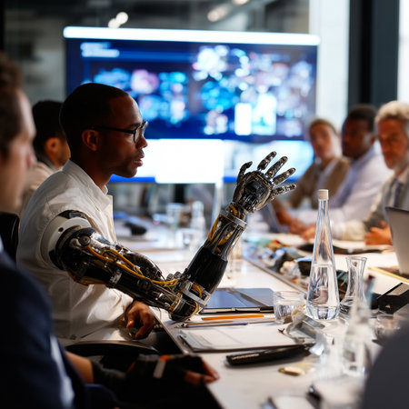 Person with a prosthetic arms giving a presentation to colleagues in a boardroom, confident and professional, diverse team, modern office,の素材