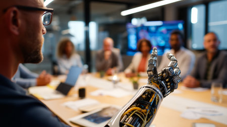 Person with a prosthetic arm giving a presentation to colleagues in a boardroom, confident and professional, diverse team,の素材