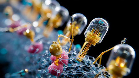 Nanobots assembling a microscopic scaffold for tissue regeneration around a dental implant, bio-engineering conceptの素材