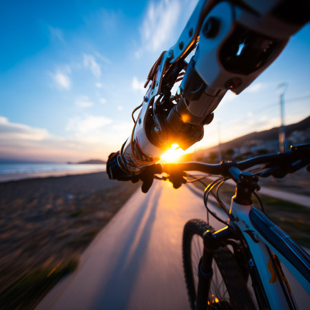 Person with a prosthetic arms enjoying a scenic bike ride on a beach path at sunset.の素材
