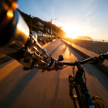Person with a prosthetic arms enjoying a scenic bike ride on a beach path at sunset.の素材
