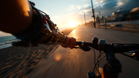 Person with a prosthetic arms enjoying a scenic bike ride on a beach path at sunset.の素材