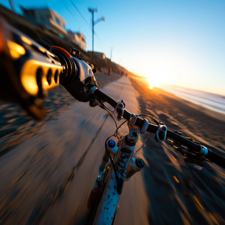 Person with a prosthetic arms enjoying a scenic bike ride on a beach path at sunset.の素材