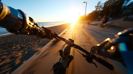 Person with a prosthetic arms enjoying a scenic bike ride on a beach path at sunset.の素材