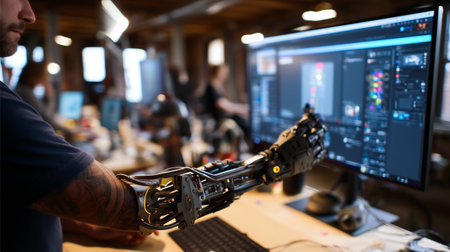 Person with a prosthetic arm using 3D modeling software in a creative studio, focused and talented, diverse teamの素材