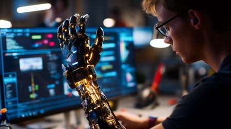 Person with a prosthetic arm using 3D modeling software in a creative studio, focused and talented, diverse teamの素材