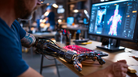 Person with a prosthetic arm using 3D modeling software in a creative studio, focused and talented, diverse teamの素材