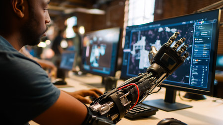 Person with a prosthetic arm using 3D modeling software in a creative studio, focused and talented, diverse teamの素材