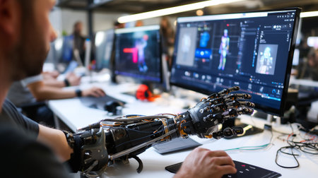Person with a prosthetic arm using 3D modeling software in a creative studio, focused and talented, diverse teamの素材