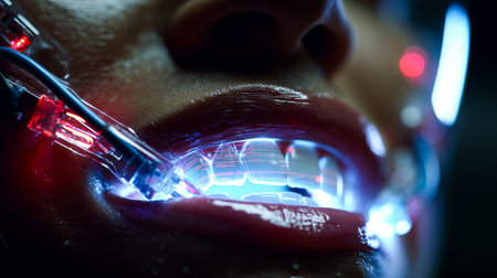 Futuristic dental procedure: Nanobots delivering targeted anesthetic precisely to a nerve ending inside the mouth, sci-fi interface overlayの素材