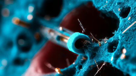 Extreme close-up of a single nanobot repairing a micro-crack in tooth enamel, intricate machinery.の素材