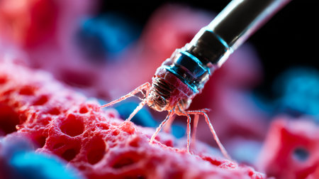 Extreme close-up of a single nanobot repairing a micro-crack in tooth enamel, intricate machinery.の素材