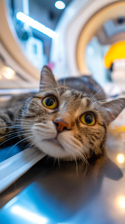 Silver Tabby Cat on Veterinary Examination Table - Pet Healthcare Diagnostics.の素材