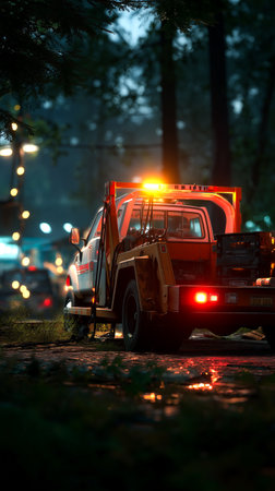 Tow Truck with Recovery Equipment on Urban Street - Emergency Vehicle.の素材