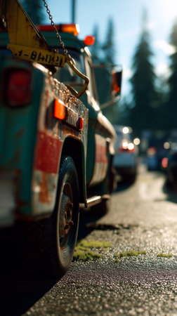 Tow Truck with Recovery Equipment on Urban Street - Emergency Vehicle.の素材