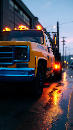 Tow Truck with Recovery Equipment on Urban Street - Emergency Vehicle.の素材