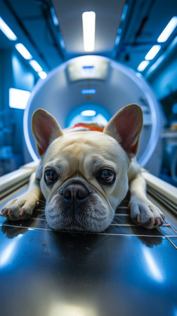 French Bulldog on Veterinary CT Scanner - Pet Healthcare Technology.の素材