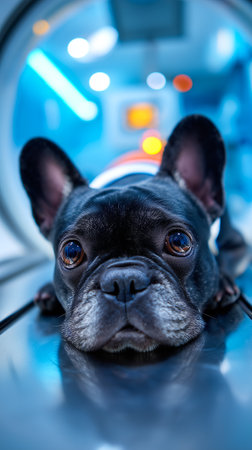French Bulldog on Veterinary CT Scanner - Pet Healthcare Technology.の素材
