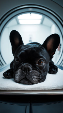 French Bulldog on Veterinary CT Scanner - Pet Healthcare Technology.の素材