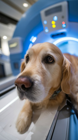 Golden Retriever calmly lies in X-ray machine in the Sophisticated medical scanning machine such as MRI or CT scanner in a state-of-the-art hospital research laboratory or diagnostic imaging centerの素材