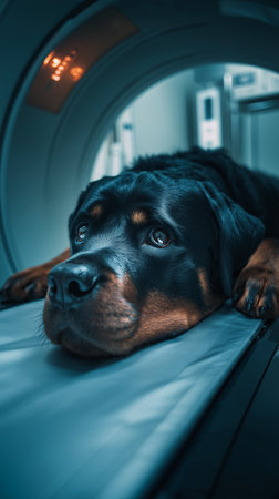 Rottweiler calmly lies in X-ray machine in the Sophisticated medical scanning machine such as MRI or CT scanner in a state-of-the-art hospital research laboratory or diagnostic imaging center.の素材