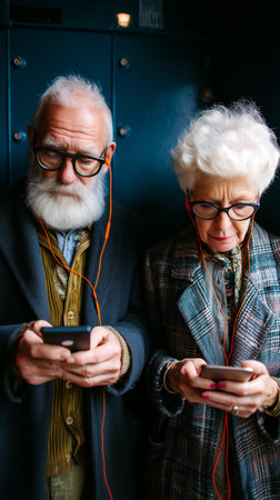 Elderly couple focused on using their respective digital devices.の素材