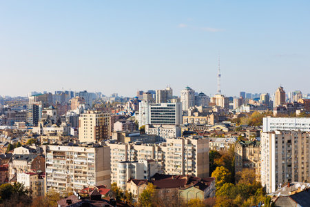 High-angle view capturing the diverse architecture of Kyiv, Ukraine.の写真素材