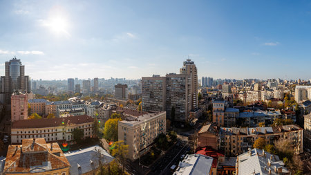 High-angle view capturing the diverse architecture of Kyiv, Ukraine.の写真素材