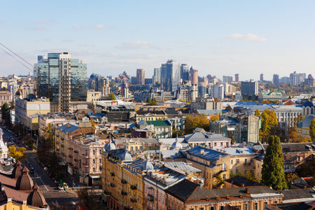 Panoramic high-angle view of the Kyiv city skyline, Ukraine, on a clear sunny day.の写真素材