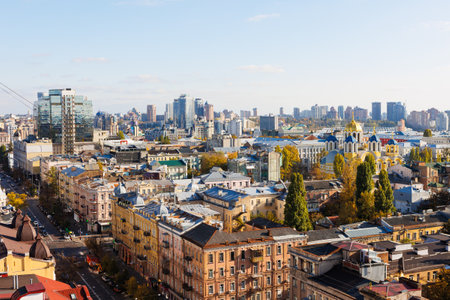 Elevated view of the Kyiv cityscape, prominently featuring the historic St Volodymyrs Cathedralの写真素材