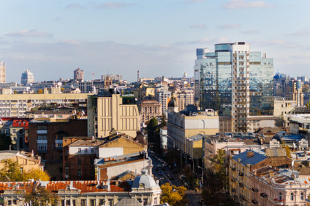 Panoramic high-angle view of the Kyiv city skyline, Ukraine, on a clear sunny day.の写真素材