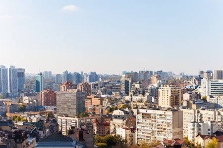Panoramic high-angle view of the Kyiv city skyline, Ukraine, on a clear sunny day.の写真素材
