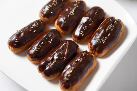 Eight classic eclairs arranged neatly on a white plate.の写真素材
