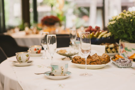 A sophisticated venue prepared for a corporate event, business conference, or formal gala.の写真素材