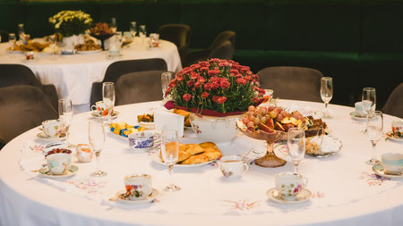 A sophisticated venue prepared for a corporate event, business conference, or formal gala.の写真素材