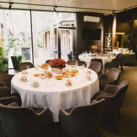 A sophisticated venue prepared for a corporate event, business conference, or formal gala.の写真素材