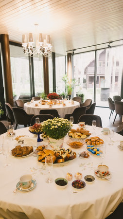 A sophisticated venue prepared for a corporate event, business conference, or formal gala.の写真素材