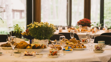 A beautiful table set for an autumn celebration.の写真素材