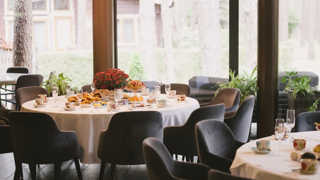 A sophisticated venue prepared for a corporate event, business conference, or formal gala.の写真素材