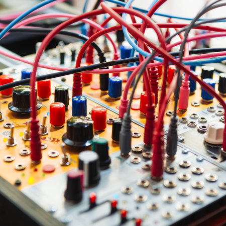 Analogue modular synthesizer. Concept for music production, sound design, creative engineering, and complex audio systemsの写真素材
