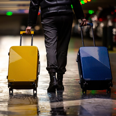 A traveler with colorful luggage. Symbolizes the modern journey, life choices, and moving forward with purpose.の写真素材