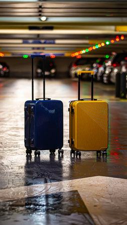 Two suitcases represent choices or partnership. A concept for the modern journey, work-life balance, and new beginnings.の写真素材