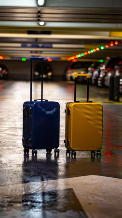 Two suitcases represent choices or partnership. A concept for the modern journey, work-life balance, and new beginnings.の写真素材