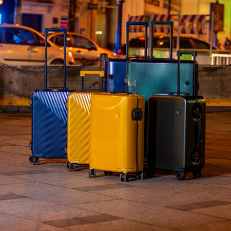 A collection of luggage on a city street. Concept for group travel, family vacations, and the modern journey.の写真素材