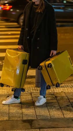 A chic traveler waits with two suitcases. A black and white concept for urban journeys, life choices, and mysterious departures. Soft focus and grain. Film camera effectの写真素材