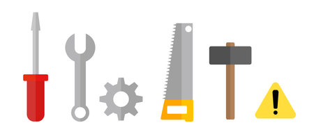 A set of work tool icons. Tool such as screwdriver, wrench, and sawhorse. Vector.のイラスト素材
